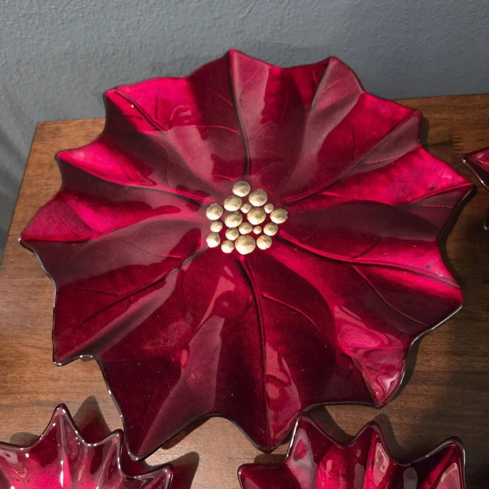 Set of 5 Pier 1 Imports Glass Poinsettia Dessert Salad Plates 8